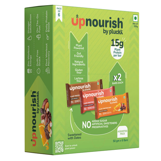 Green box of upnourish by pluckk protein bars with branding and product details.