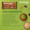 Upnourish protein bar with ingredients on a green background protein information