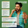 Man eating an Upnourish plant protein bar with customer reviews displayed on a green background