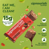 Upnourish plant protein bar with ingredients and health benefits on a green background