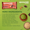 Upnourish plant protein bar with ingredients on a green background