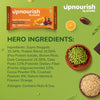 Upnourish plant protein bar packaging with ingredients listed on a green background