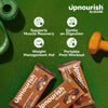 Upnourish protein bars with green background and fitness equipment